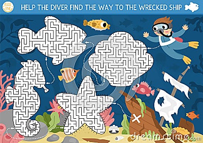 Under the sea maze for kids geometrical sea horse, fish, seashell, star. Ocean preschool printable activity. Water labyrinth game Vector Illustration