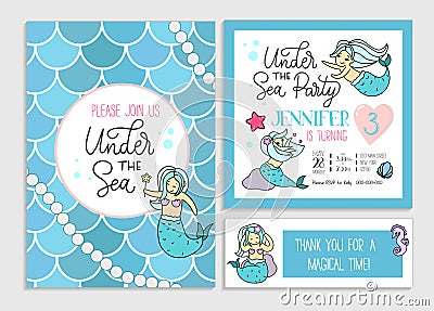 Under the sea party invitation for little girl mermaid. Set of g Vector Illustration