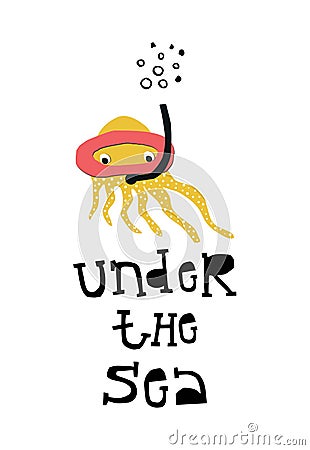 Under the sea - Summer kids poster with octopus cut out of paper and hand drawn lettering. Vector illustration Cartoon Illustration