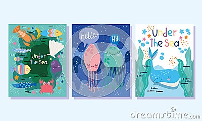 Under the sea, whale jellyfishes fishes crab algae wide marine life landscape cartoon banner cover and brochure Vector Illustration