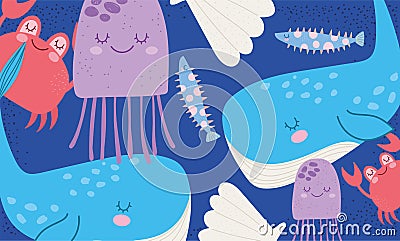 Under the sea, whale shell crab fishes wide marine life landscape cartoon Vector Illustration