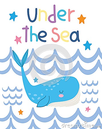 Under the sea, whale water wide marine life landscape cartoon Vector Illustration