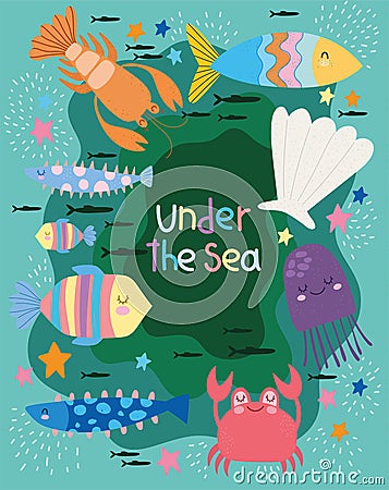 Under the sea, world with different inhabitants wide marine life landscape cartoon Vector Illustration