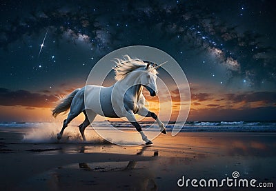 Majestic Unicorn Galloping on the Beach Stock Photo