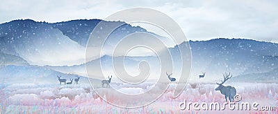 Under the snowy mountain, the sika deer is resting on the lake and drinking water, playing in the fairyland scenery. Stock Photo