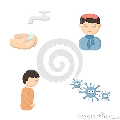 Under a tap with water wash their hands, the patient with a hot-water bottle with ice on his head in a scarf, a man has Vector Illustration