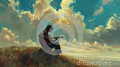 Under a vast sky, a guitarist strums a melody as the wind whispers accompaniment, breathing life into each note Cartoon Illustration