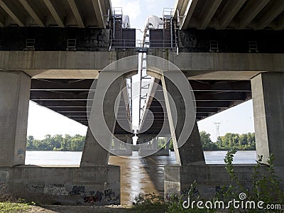 Under view of a highway bridge across Mississippi river Stock Photo