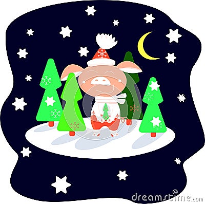 Piglet in red pants in a winter forest on a starry night among green Christmas trees Vector Illustration