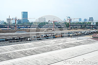 Underconstruction railway with city building background ,Landsca Stock Photo