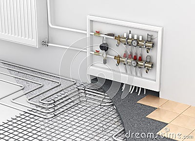 Underfloor heating with collector and radiator in the room. Conc Stock Photo