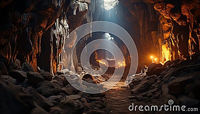 Underground adventure spelunking through dark, illuminated grotto, exploring nature mystery generated by AI Stock Photo