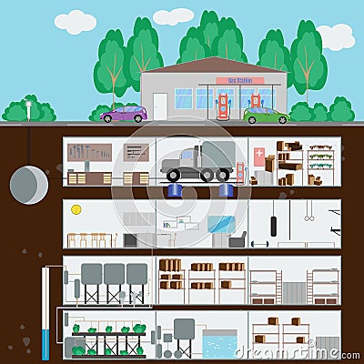 Underground bunker.Bunker at the gas station. Many parts of aut Vector Illustration