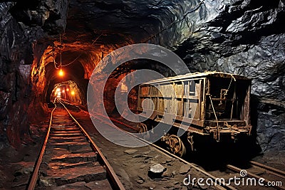 Underground coal mine with rails and trolley Stock Photo
