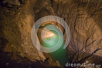 Underground lake in the new Athos cave Stock Photo