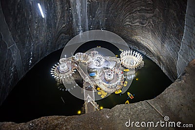 Underground lake in Turda Salt Mine Stock Photo