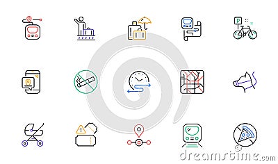 Underground metro line icons. Subway map, Station location and Behavior rules outline icons. Vector Stock Photo