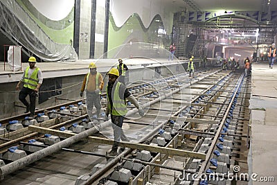 Underground subway tunnel workers Editorial Stock Photo