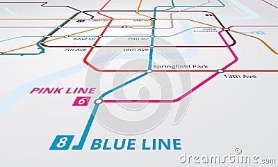 Underground, train railway and lines on map of metro for navigation, travel or transport with infrastructure. Chart Stock Photo