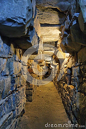 Underground tunnels within the main temple of Chavin de Huantar Stock Photo