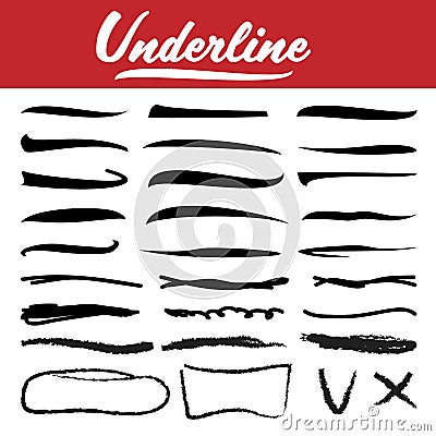 Underline Stroke Set Vector. Hand Drawn Marker Line. Pen Brush. Sketch Design. Graphic Doodle. Handwtitten Mark. Vintage Vector Illustration