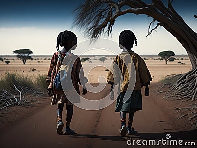 Two poor African girls walking under a dry tree in a desert Stock Photo