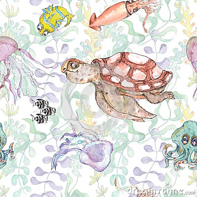 Undersea nautical watercolor print decorative sea life vintage style seamless pattern Stock Photo