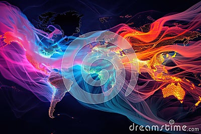 Undersea network map visualizing global internet traffic flows, dynamic colors Stock Photo