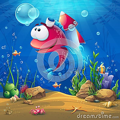 Undersea world with funny fish Vector Illustration