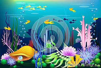Undersea world with golden seashell, fish and pearls. Vector Illustration