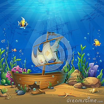 Undersea world with ship and fish Vector Illustration