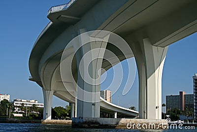 Underside of curved concrete bridge support Stock Photo