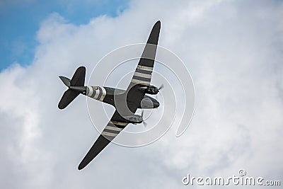 Underside of a Douglas DC-3 transport plane flying above Biggin HIll Editorial Stock Photo