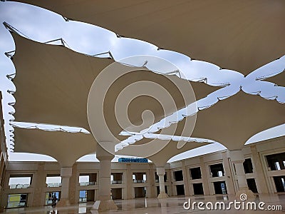 An underside view umbrella that installed at the Sultan Mahmud Riayat Syah Mosque in Batam Editorial Stock Photo