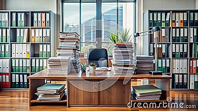 Understanding Bureaucracy A Visual Representation of Files Folders and Documents on a Desk Demonstrating the Rule of Stock Photo