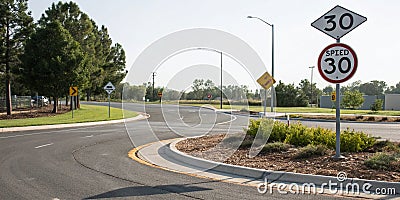 Understanding Roundabout Speed Limits Essential Visual Guide for Safe Circular Road Navigation Stock Photo