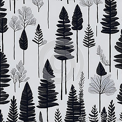Black and white colors, trees, and mountains sketch patterns inspired by the natural world. AI-Generated. Stock Photo