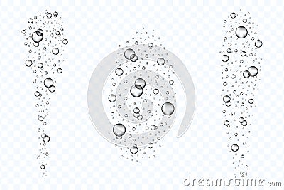 Underwater air bubbles flow set isolated on transparent background. Realistic fizzing oxygen bubbles under water. Vector Illustration