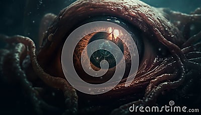 Underwater alien anatomy Tentacle eye watches fish in natural reef generated by AI Stock Photo