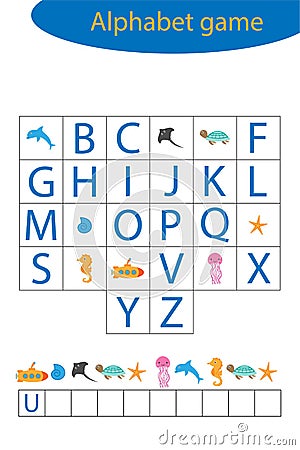 Underwater alphabet game for children, make a word, preschool worksheet activity for kids, educational spelling scramble game for Stock Photo