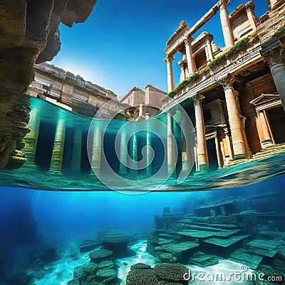 Underwater ancient city in the depths of the Atlantis lost ancient sunken Underwater gorges and Lots of underwater Cartoon Illustration