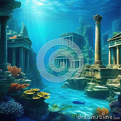 Underwater ancient city in the depths of the Atlantis lost ancient sunken Underwater gorges and Lots of underwater Cartoon Illustration