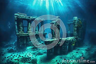 underwater ancient ruins with glowing symbols Stock Photo