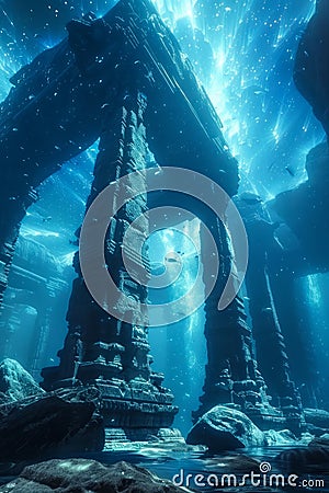 Underwater Ancient Ruins in Mystical Ocean Sunken Columns with Marine Life and Light Beams Stock Photo