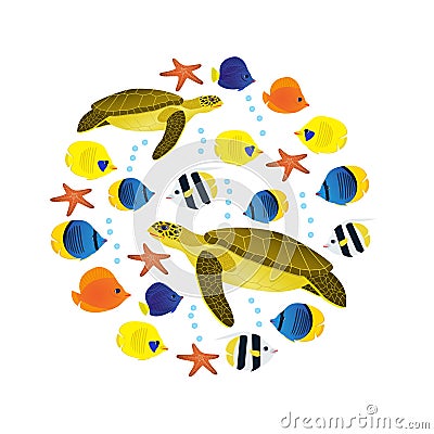 Underwater animals collection on white background. Coral reef colorful fish and green turtles. Circle composition. Vector Illustration