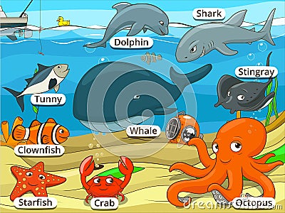 Underwater animals and fish with names cartoon Vector Illustration