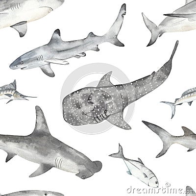 Underwater animals, shark, hammerhead shark, whale shark, marlin, fish watercolor seamless pattern Stock Photo