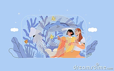 Underwater aquarium, family looking ocean animals fish in marine zoo. Mother and daughter study sea life in aquarium Vector Illustration