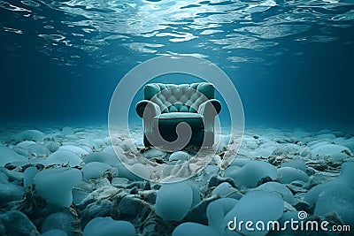 Underwater armchair. Mental health concept. Thinking about problems, psychology, inner world, feelings, loneliness, surreal. Safe Stock Photo