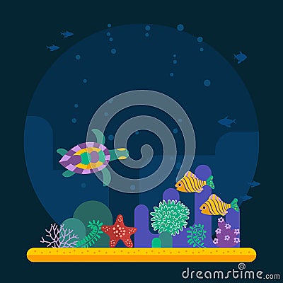 Underwater background coral garden with glossy water surface Vector Illustration